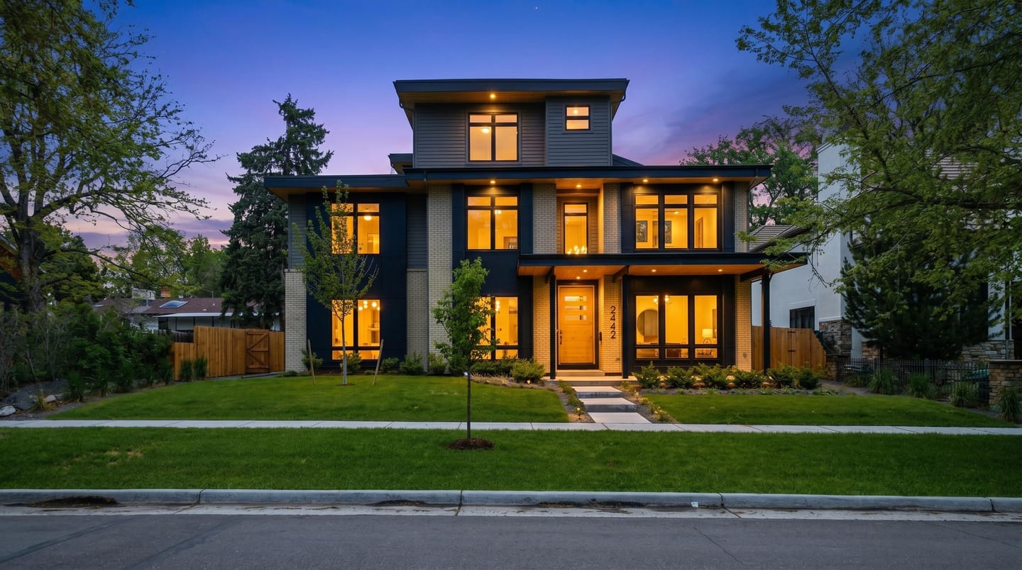 Twilight front elevation of 2442 S Saint Paul Street, a contemporary residence in Observatory Park, Denver