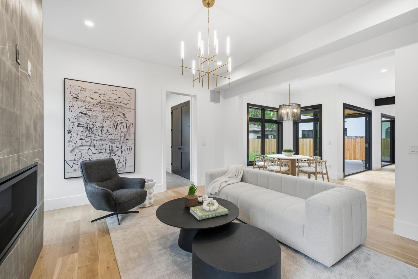 Hearth room with tile-surround fireplace off the kitchen