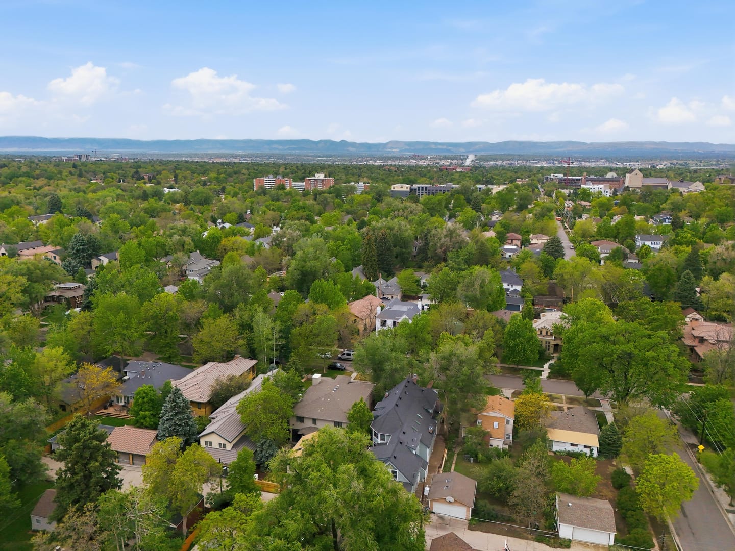 Aerial over Observatory Park showing the Front Range on the horizon