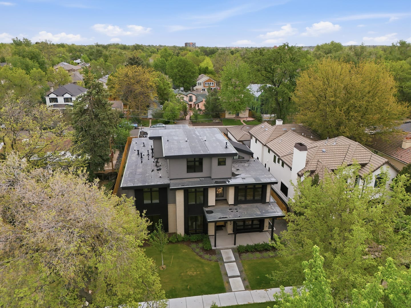 Aerial over Observatory Park showing the Front Range on the horizon